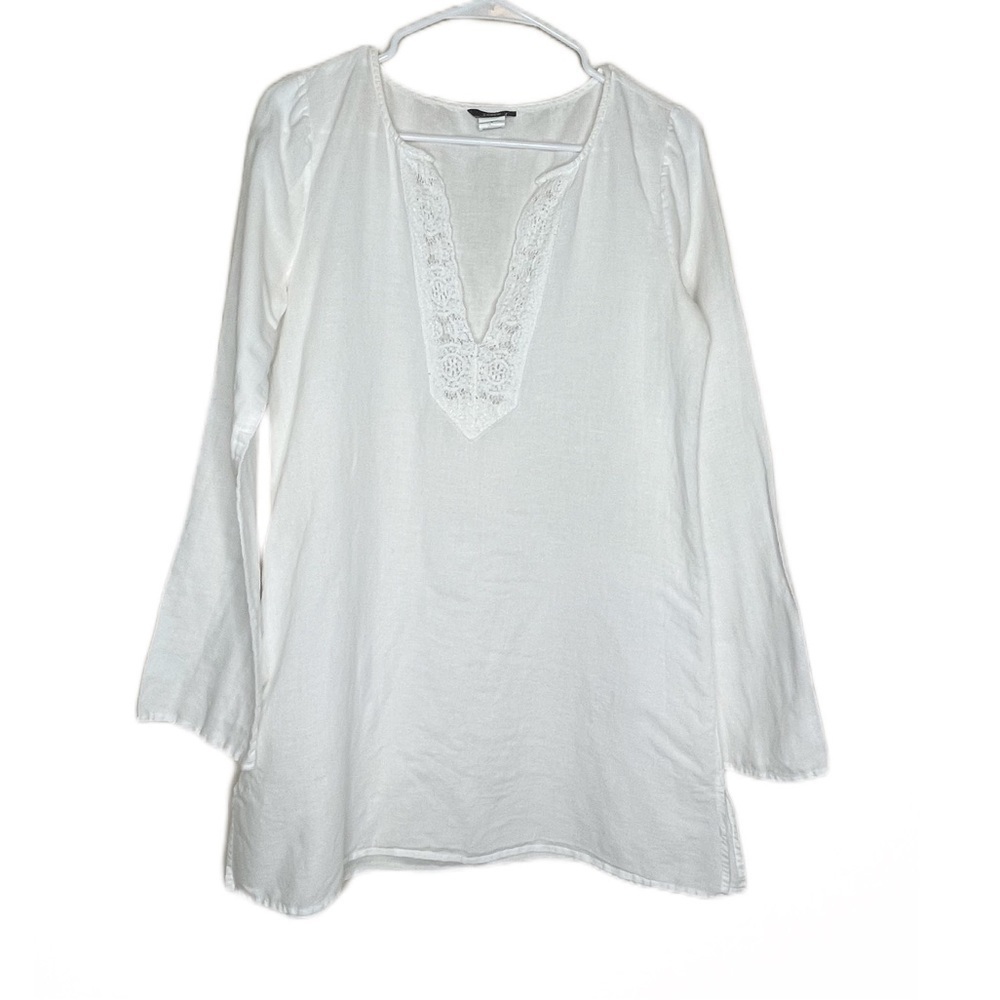 J crew white linen blend long sleeve v neck tunic dress top